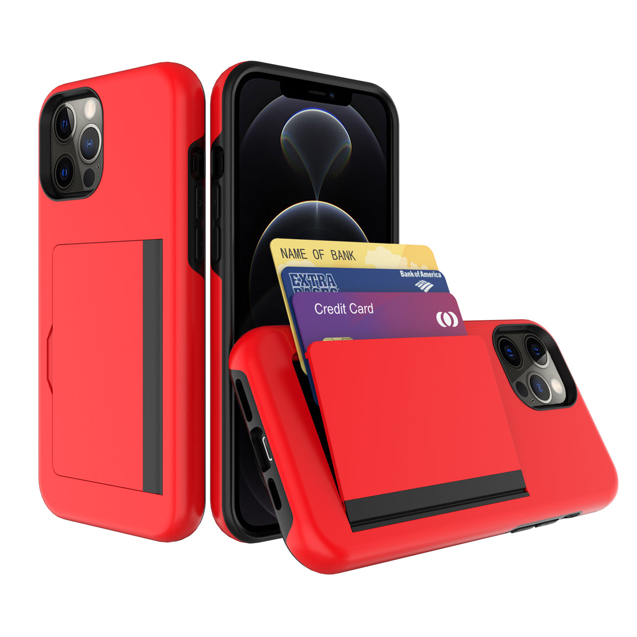 TPU PC Hybrid 2-in-1 Flip Card Holder Phone Case for Apple iPhone 12 / 12 Pro In Red